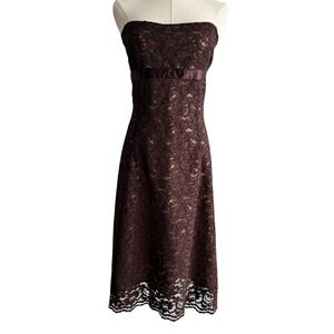 Y2K RW&Co Strapless Lace Cocktail Dress Sz 8 Chocolate Brown Midi Empire Waist